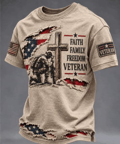 US Veteran Merch Faith Family Freedom Veteran T-Shirt American Flag Military Religious Gifts