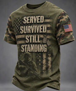 US Veteran Merch Served Survived Still Standing Camo T-Shirt US Veteran Patriotic Gifts