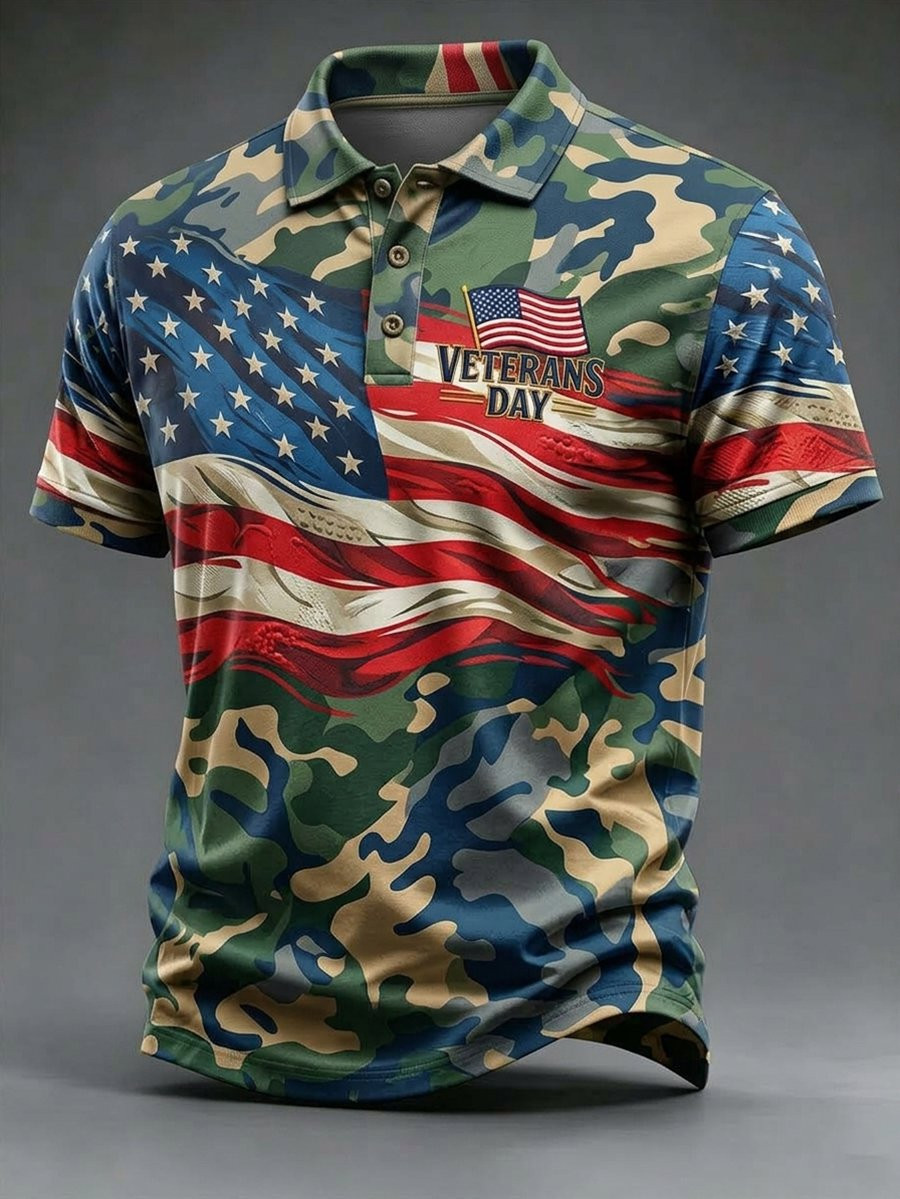 Veterans Day Camo Polo Shirt US Flag Mens Apparel Honor Gifts For Husband