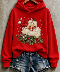 Vintage Santa Claus Wreath Hoodie Santa Face Red Christmas Clothing Festive Gift