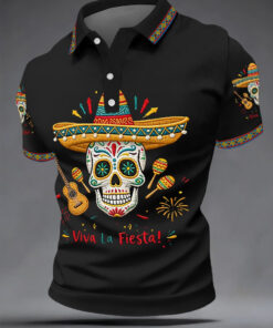 Viva La Fiesta Polo Shirt Mexican Sugar Skull Sombrero Guitar Clothing Gift For Him - Homegiftaura