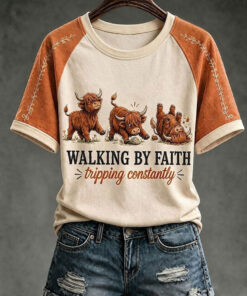 Walking By Faith T-Shirt Christian Baby Cow Clothing Religious Gift For Her