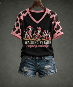 Walking By Faith V-Neck T-Shirt Christian Faith Womens Apparel Religious Gifts For Mom