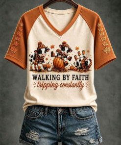 Walking By Faith V-Neck T-Shirt Christian Womens Apparel Jesus Halloween Gifts For Mother