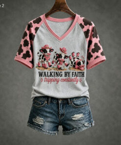 Walking By Faith V-Neck T-Shirt Christian Womens Clothing Unique Religious Gifts