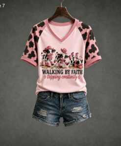 Walking By Faith V-Neck T-Shirt Faith Womens Clothing Christian Gifts For Girlfriend