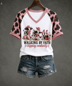 Walking By Faith V-Neck T-Shirt Religious Womens Apparel Christian Gifts For Mom
