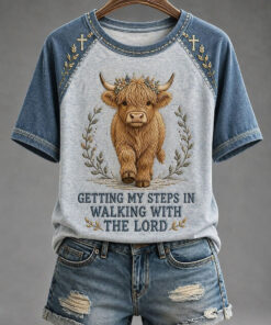 Walking With The Lord T-Shirt Faith Cow Highland Womens Apparel Christian Gifts For Mom