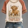 Walking With The Lord T-Shirt Funny Highland Cow Womens Clothes Christian Presents For Sister