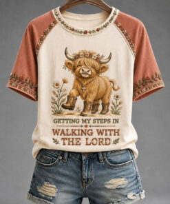 Walking With The Lord T-Shirt Funny Highland Cow Womens Clothes Christian Presents For Sister