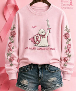 We Haunt Cancer At Dawn Sweatshirt Breast Cancer Awareness Clothing Halloween Gifts For Teacher