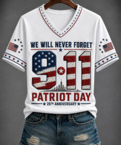 We Will Never Forget 9-11 V-Neck T-Shirt Patriot Day US Flag Merch September 11 Memorial Gift