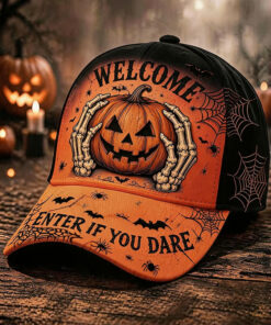 Welcome enter If You Dare Halloween Baseball Hat Skeleton Hands Trucker Cap Spooky Pumpkin Gift