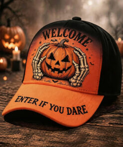 Welcome Pumpkin Hat Spooky Halloween Skeleton Hands Trucker Cap Gifts For Men
