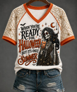 When You're Ready For Halloween V-Neck T-Shirt Sarcastic Skeleton Witch Merch Halloween Gifts