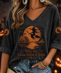 Why Yes I Can Drive A Stick V-Neck Halloween Long Sleeve Shirt Spooky Womens Apparel