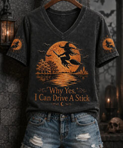Why Yes I Can Drive A Stick V-Neck T-Shirt Spooky Full Moon Clothes Halloween Gifts For Her