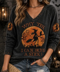Why Yes I Can Drive A Stick Witch Halloween V-Neck Long Sleeve Shirt Gift For Her