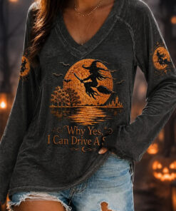 Why Yes I Can Drive A Stick Witch Halloween V-Neck Long Sleeve Shirt Witch Halloween Gifts