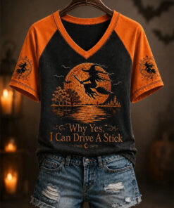 Why Yes V-Neck T-Shirt Flying Witch Halloween Clothing Spooky Gothic Gifts For Mum