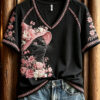 Witch Cat Pink Floral V-Neck Shirt Cute Halloween Black Cat Pink Roses Shirt Birthday Gift