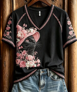 Witch Cat Pink Floral V-Neck Shirt Cute Halloween Black Cat Pink Roses Shirt Birthday Gift