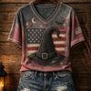 Witch Hat American Flag V-Neck T-Shirt Patriotic Halloween Womens Apparel Gifts For Mom
