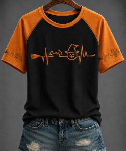 Witch Pumpkin Heartbeat T-Shirt Halloween EKG Womens Apparel Gifts For Her