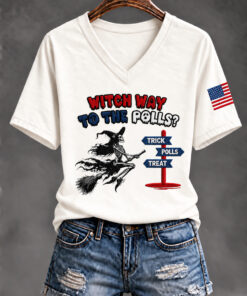 Witch Way To The Polls V-Neck T-Shirt Funny Halloween Election Merch Spooky Season Gifts