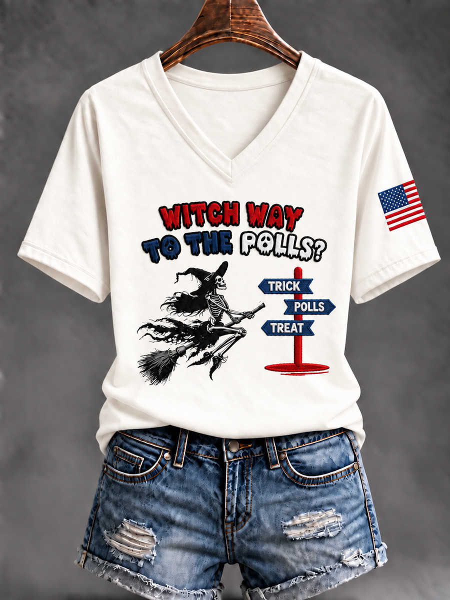 Witch Way To The Polls V-Neck T-Shirt Funny Halloween Election Merch Spooky Season Gifts