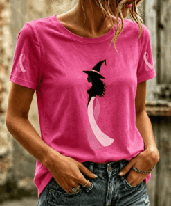 Witch With Pink Ribbon T-Shirt Breast Cancer Awareness Merch Good Gifts For Women