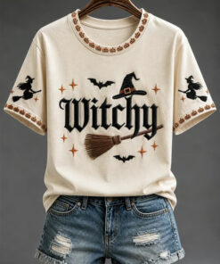 Witchy T-Shirt Halloween Witch Hat Womens Clothes Spooky Season Gifts For Friend