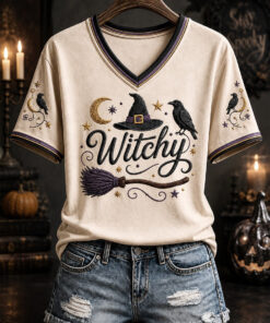 Witchy V-Neck T-Shirt Celestial Witchcraft Halloween Clothing Gifts For Sister