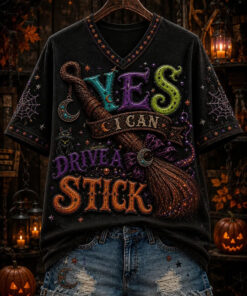 Yes I Can Drive A Stick V-Neck T-Shirt Colorful Witch Halloween Merch Gift Ideas For Mom