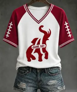 Crimson Sports Merch Football Game Day V-Neck T-Shirt Sports Gifts For Her