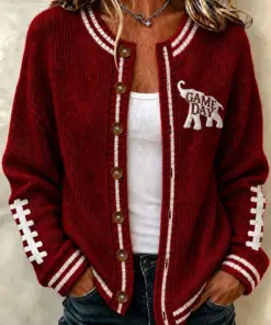 Crimson Sports Merch Game Day Round Neck Cardigan Football Gifts For Her