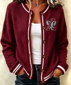 Crimson Sports Merch Game Day Round Neck Cardigan Football Sister Gifts