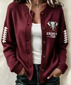 Crimson Sports Merch Roll Tide Round Neck Cardigan Football Gifts