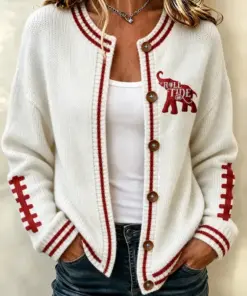 Crimson Sports Merch Roll Tide Round Neck Cardigan Game Day Football Sister Gifts