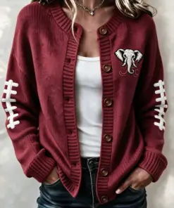 Crimson Sports Merch Roll Tide Round Neck Cardigan Game Day Gifts For Her