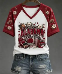 Crimson Sports Merch She's From Alabama V-Neck T-Shirt Football Sister Gifts