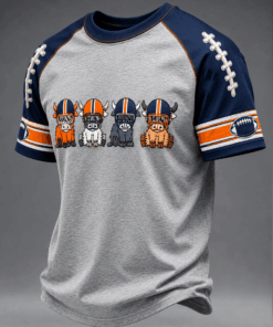 Denver Football Merch Four Highland Cows Wearing Football Helmets T-Shirt Game Day Gift