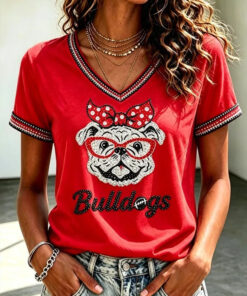 Georgia Football Merch Bulldogs Football V-Neck T-Shirt Game Day Gifts For Her