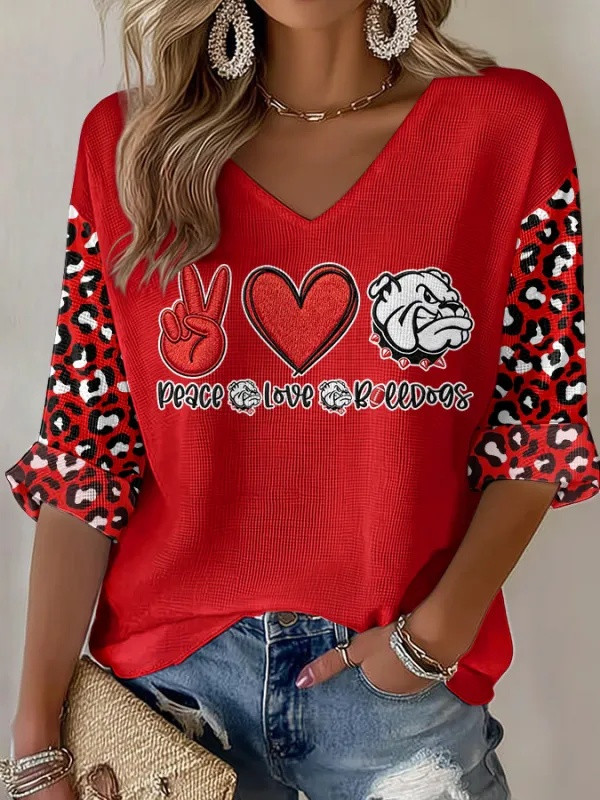 Georgia Football Merch Peace Love Bulldogs V-Neck Raglan Shirt Game Day Fan Gifts