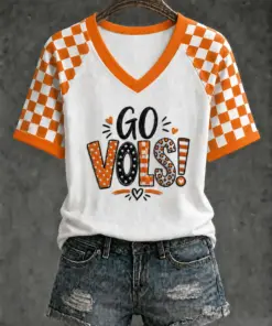 Tennessee Football Merch Go Vols Checkerboard Game Day V-Neck Shirt Gift