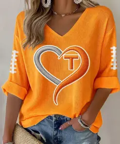 Tennessee Football Merch Heart Game Day Cropped Sleeve V-Neck Shirt Gift For Fans