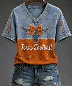 Texas Football Merch Denim Football Game Day V-Neck Shirt Gift For Fan